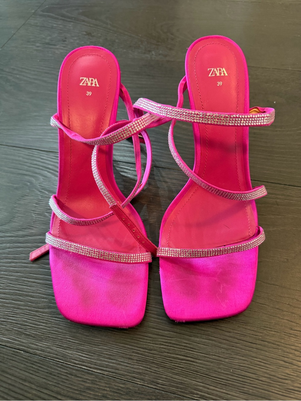 ZARA Hot Pink Crystal-Strap Square-Toe Heels